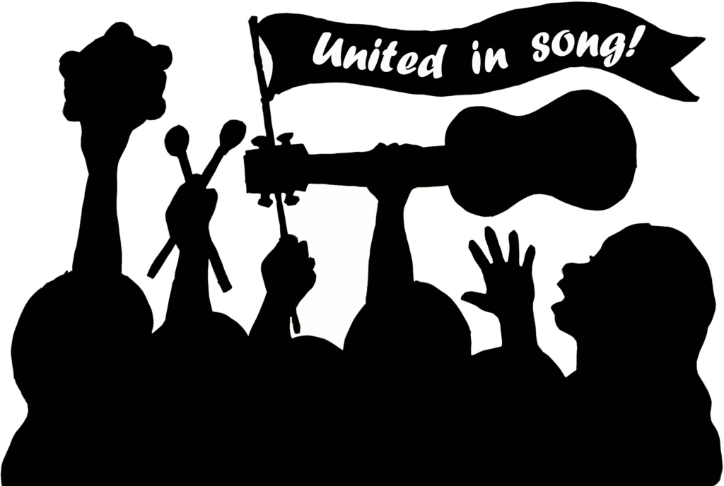 Silhouette of raised instruments and singing people
